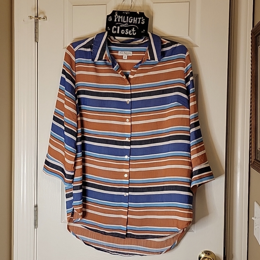 Kim Rogers 1X Curvy Button Up Blouse Stripe White Teal Navy Orange Black